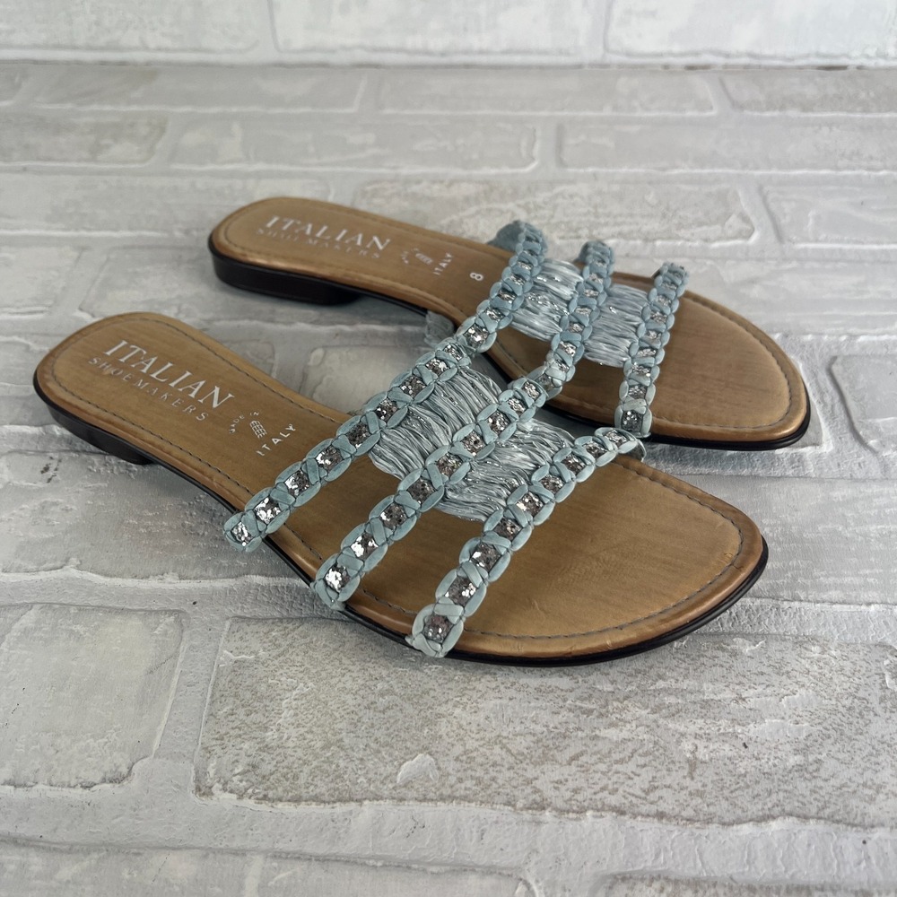 Italian Shoemakers Slides Sandals Womens 8 Blue Woven Metallic Strappy Flats‎ 39